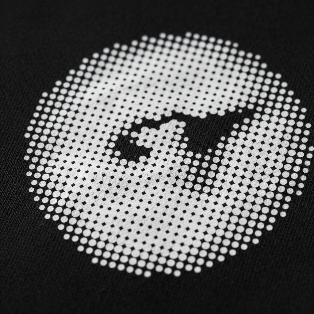 Extreme close-up macro shot of high-density raised screen print ink surface showing halftone dot registration and texture depth