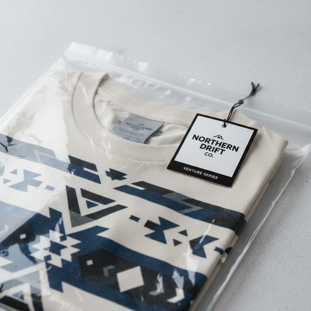 Retail poly bag with folded printed tee and hang-tag visible through bag, finished retail-ready product