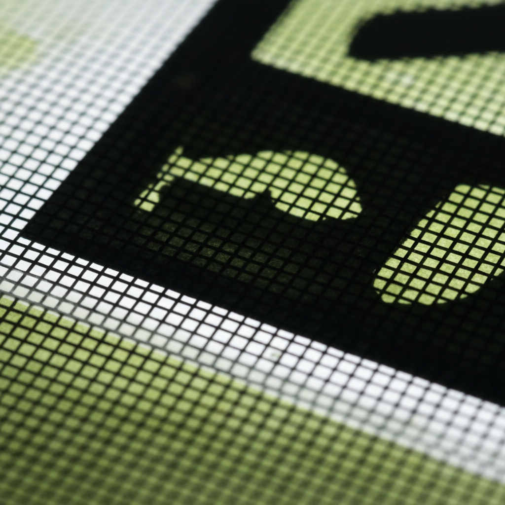 Film positive on emulsion-coated screen mesh on lightbox, black image area and mesh visible beneath