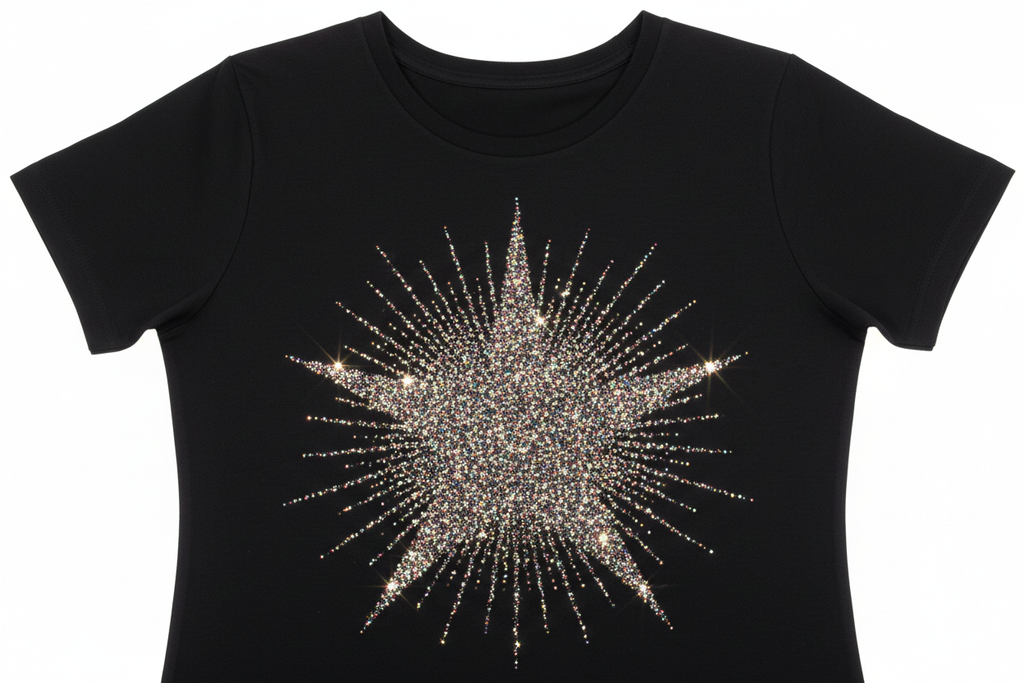 Black women's fashion tee with glitter starburst chest graphic catching studio strobe in sharp sparkle