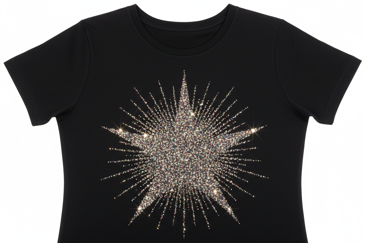 Black women's fashion tee with glitter starburst chest graphic catching studio strobe in sharp sparkle