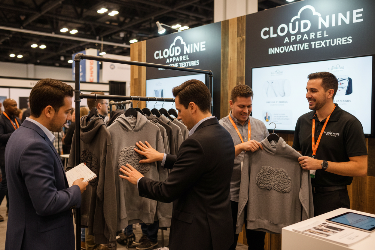 Puff-printed hoodies at trade show booth, buyers touching raised texture
