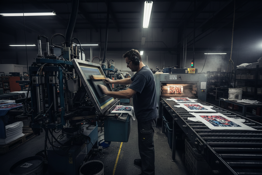 Automatic carousel press room with operator guiding squeegee arm
