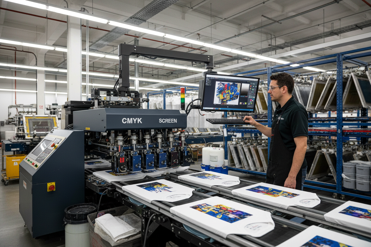 Hybrid CMYK digital-on-screen machine in operation with technician monitoring color output