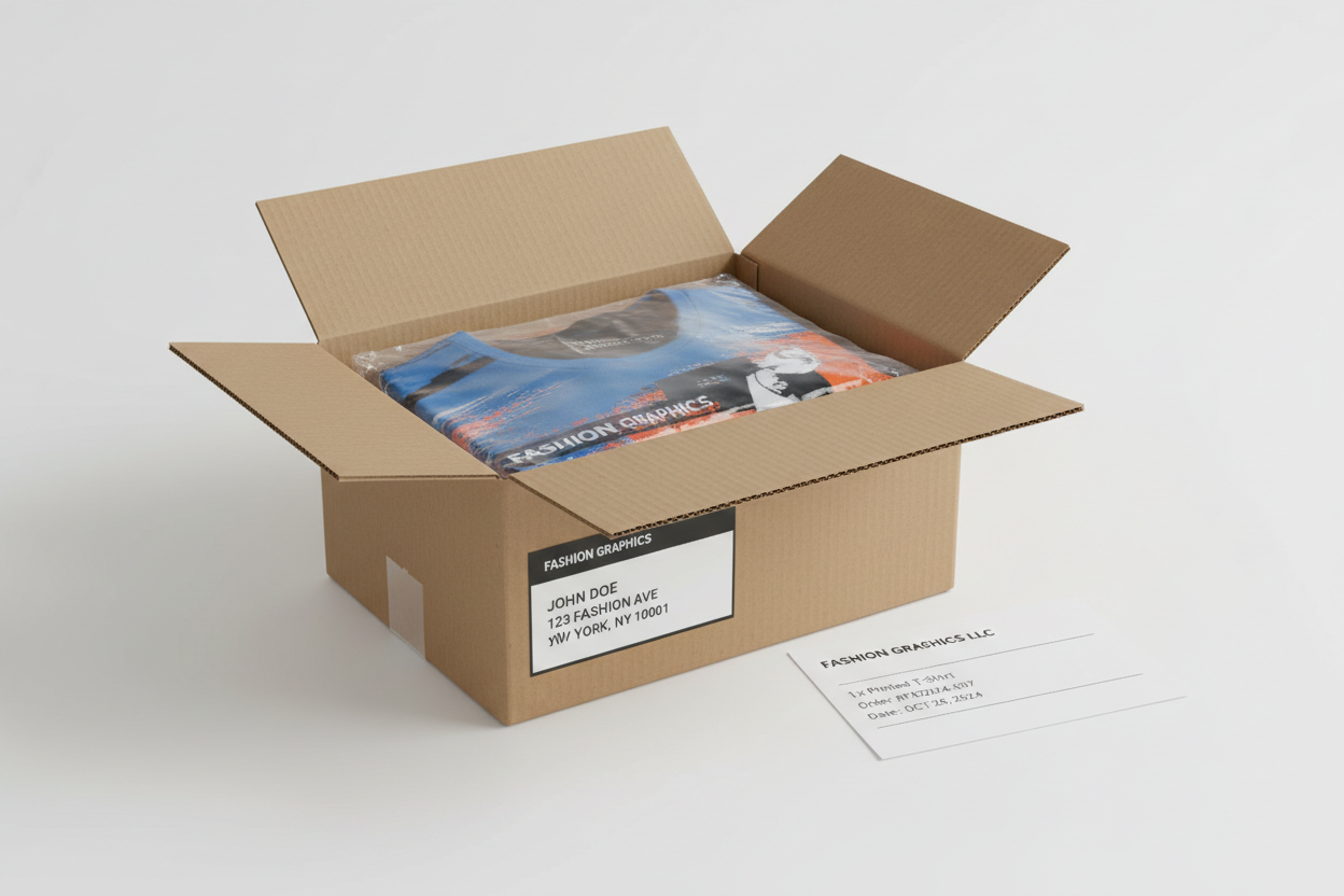 Branded shipping carton with poly-bagged printed tee, shipping label, and Fashion Graphics LLC packing slip