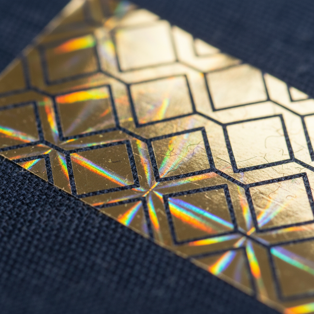 Extreme macro of mirror-flat gold foil surface, screen-printed edge boundary, holographic prism pattern