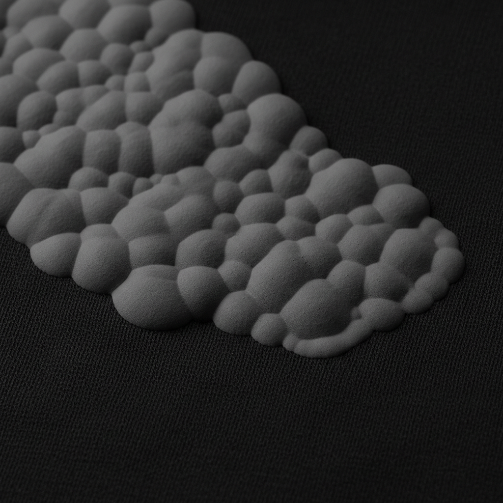 Macro of fully activated puff ink surface — soft foam-like expansion, matte velvety texture