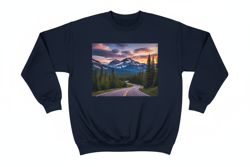 Dark navy crew-neck with large-format photorealistic CMYK landscape print