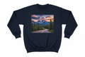 Dark navy crew-neck with large-format photorealistic CMYK landscape print
