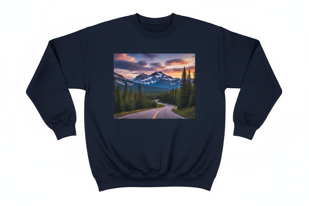 Dark navy crew-neck with large-format photorealistic CMYK landscape print
