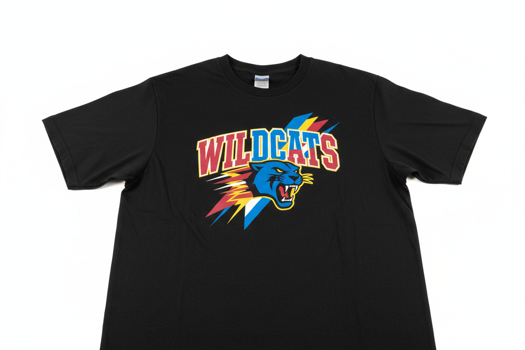 Studio flat-lay of a finished screen-printed black t-shirt with bold multicolor sports graphics on a white background