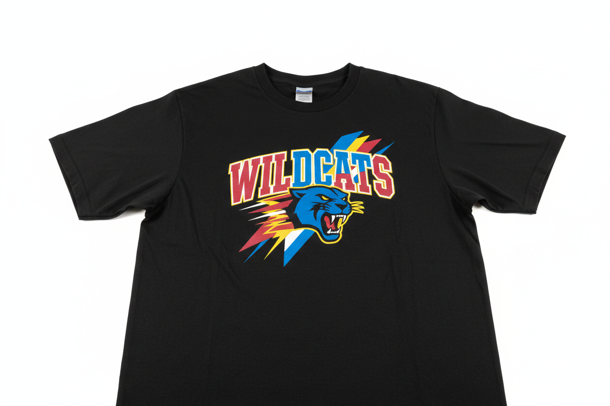 Studio flat-lay of a finished screen-printed black t-shirt with bold multicolor sports graphics on a white background