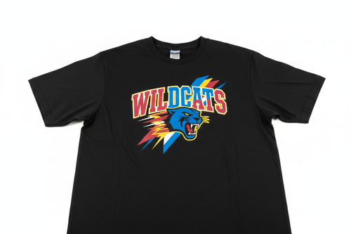 Studio flat-lay of a finished screen-printed black t-shirt with bold multicolor sports graphics on a white background