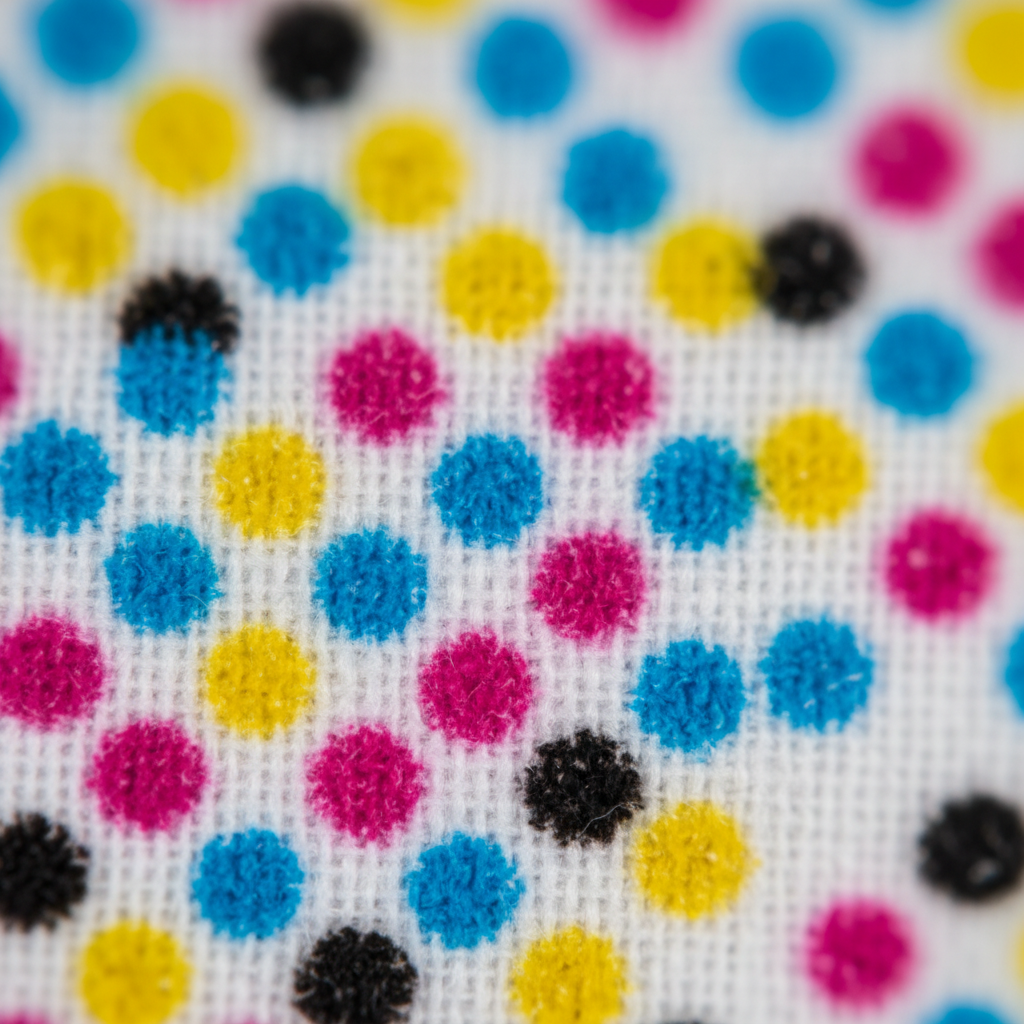 Extreme macro of CMYK halftone rosette dot pattern over white underbase on fabric