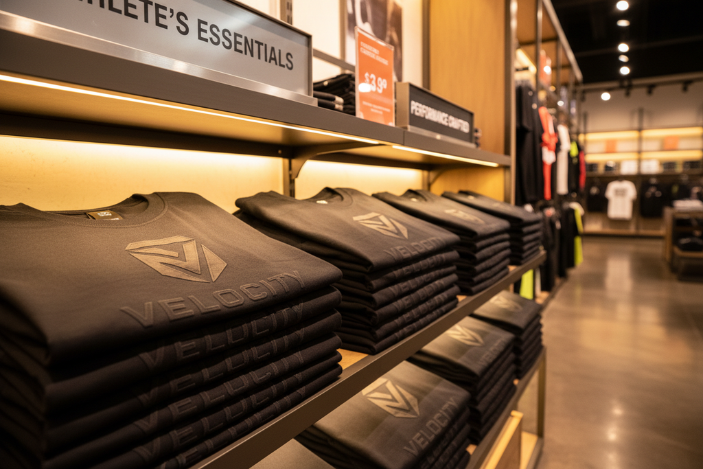 HD printed tees folded on premium retail shelf display in sports apparel boutique
