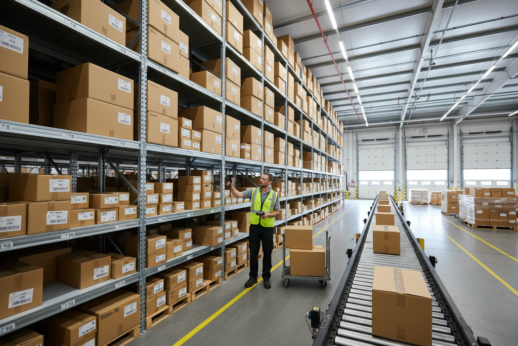 Fashion Graphics LLC fulfillment warehouse with shelving bays, associate scanning barcodes, conveyor to shipping dock