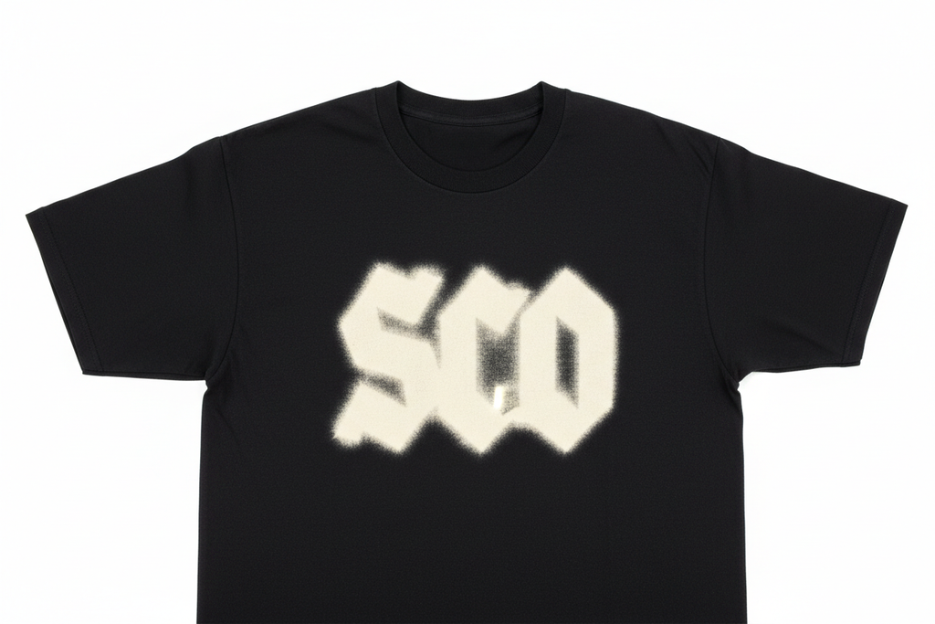 Black cotton tee with discharge-printed bleached cream logo, flat fabric-like surface