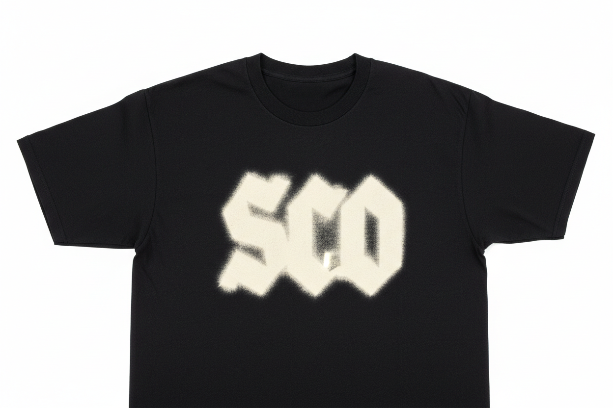 Black cotton tee with discharge-printed bleached cream logo, flat fabric-like surface