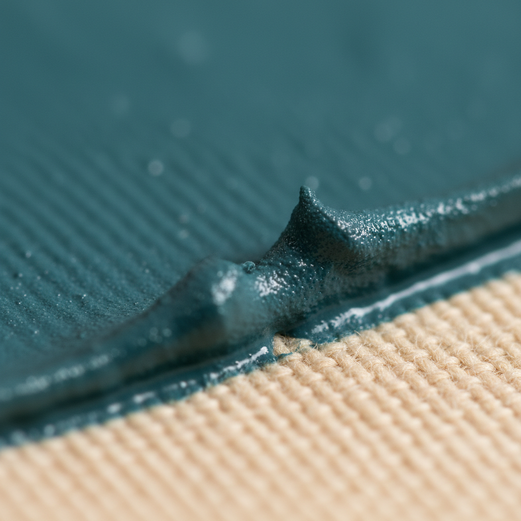 Macro of cured HSA acrylic ink surface, semi-matte textured raised profile on fabric