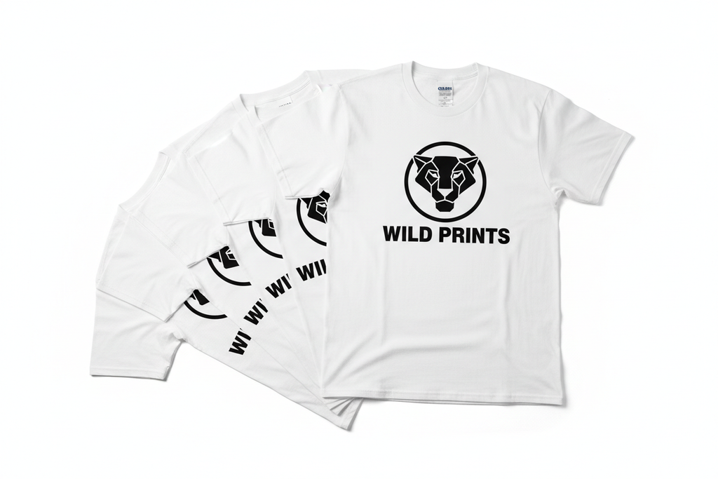 Stack of five white Gildan tees with single-color black plastisol chest logo