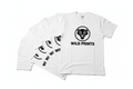 Stack of five white Gildan tees with single-color black plastisol chest logo