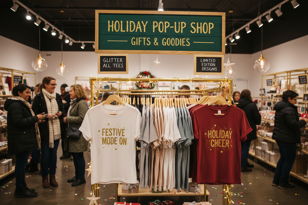 Glitter-printed tees at holiday retail pop-up shop, festive lighting making graphics shimmer