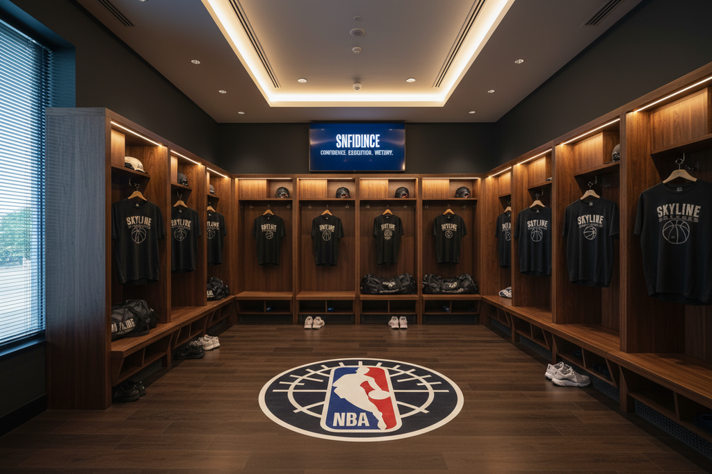 NBA-branded discharge-printed tees hanging on player-stall hooks in locker room