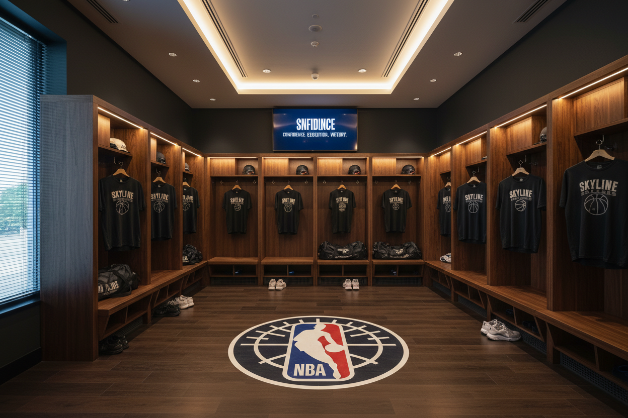 NBA-branded discharge-printed tees hanging on player-stall hooks in locker room