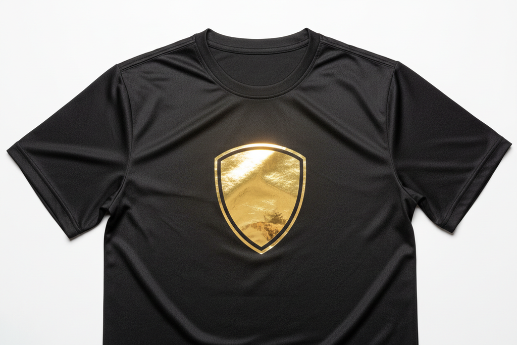 Black performance tee with gold foil shield logo, mirror surface catching studio light