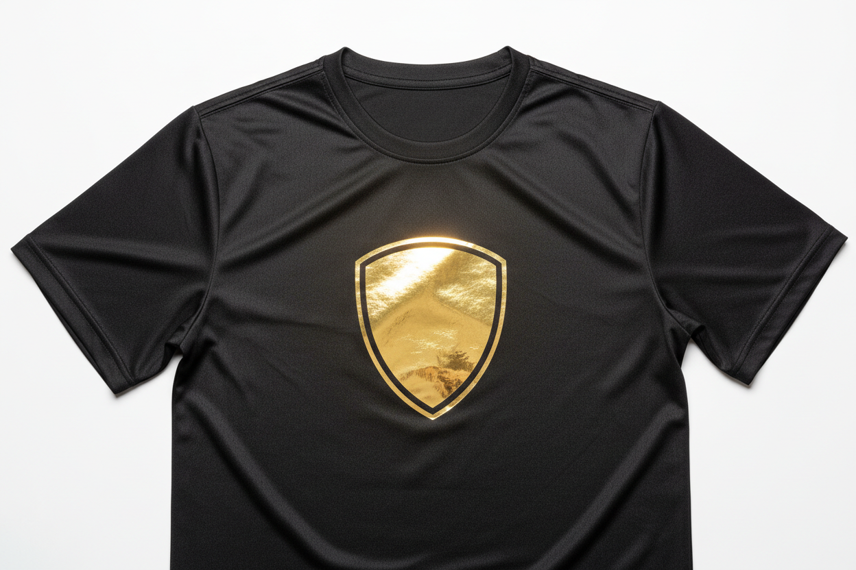 Black performance tee with gold foil shield logo, mirror surface catching studio light