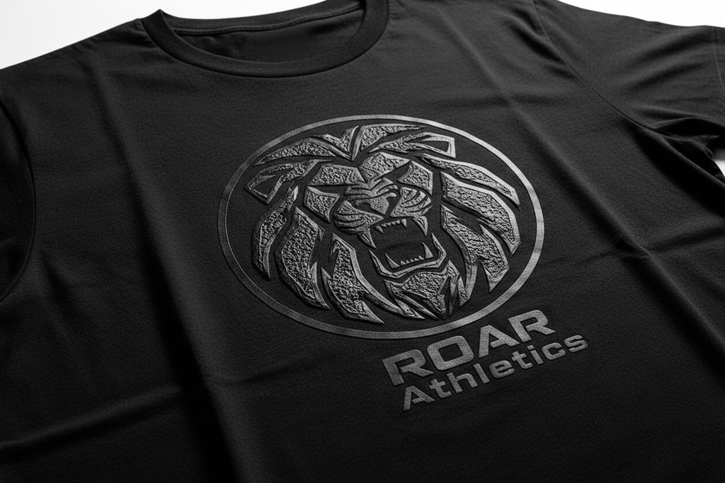 Black tee with large HD ink chest logo, 3D relief visible in raking studio light