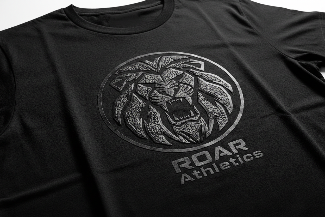Black tee with large HD ink chest logo, 3D relief visible in raking studio light