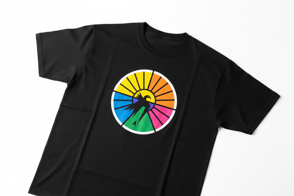 Black heavyweight tee with vivid 6-color front chest graphic, perfectly registered