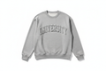 Heather grey fleece crewneck with puff-printed collegiate arch wordmark