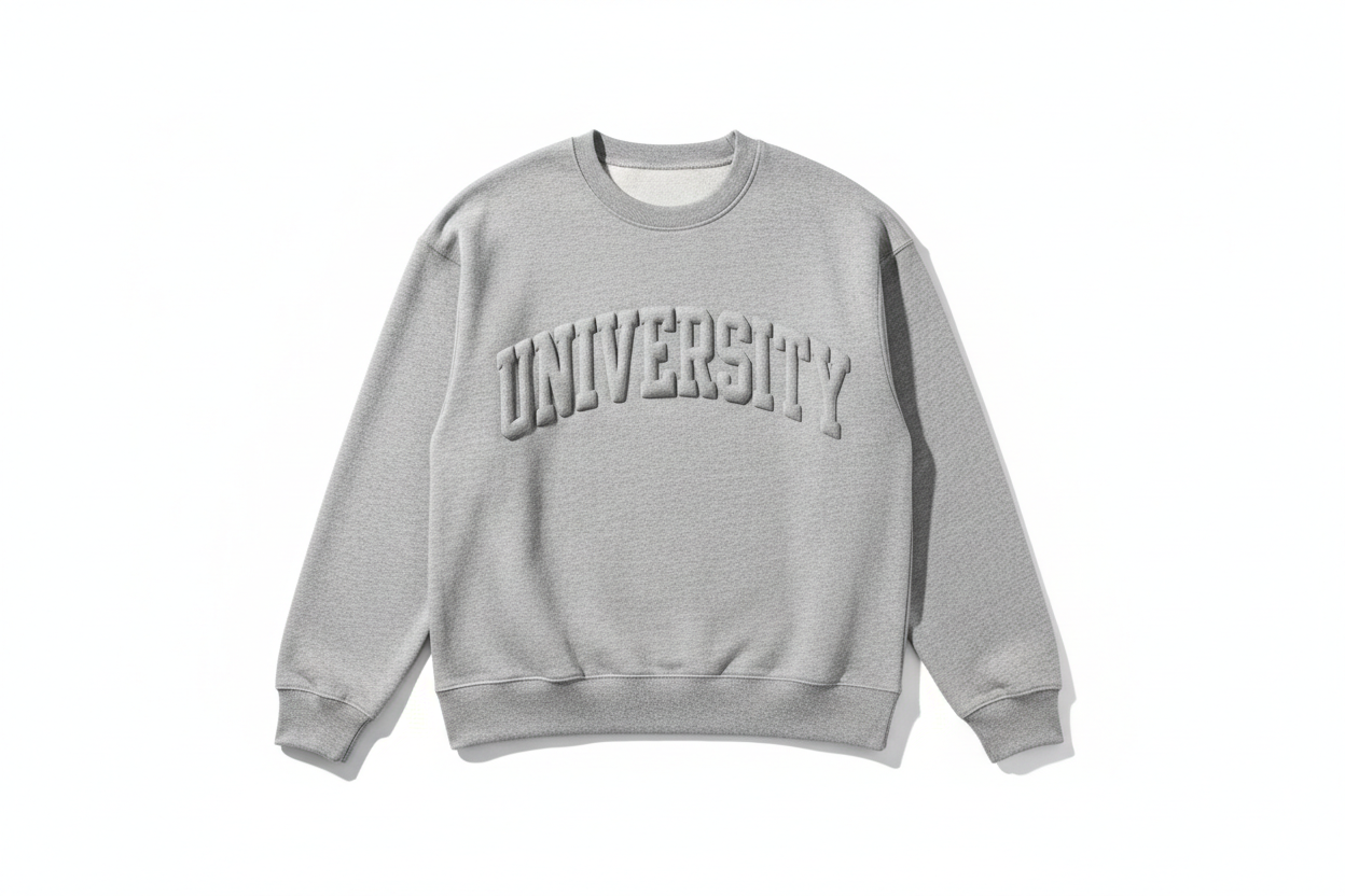 Heather grey fleece crewneck with puff-printed collegiate arch wordmark
