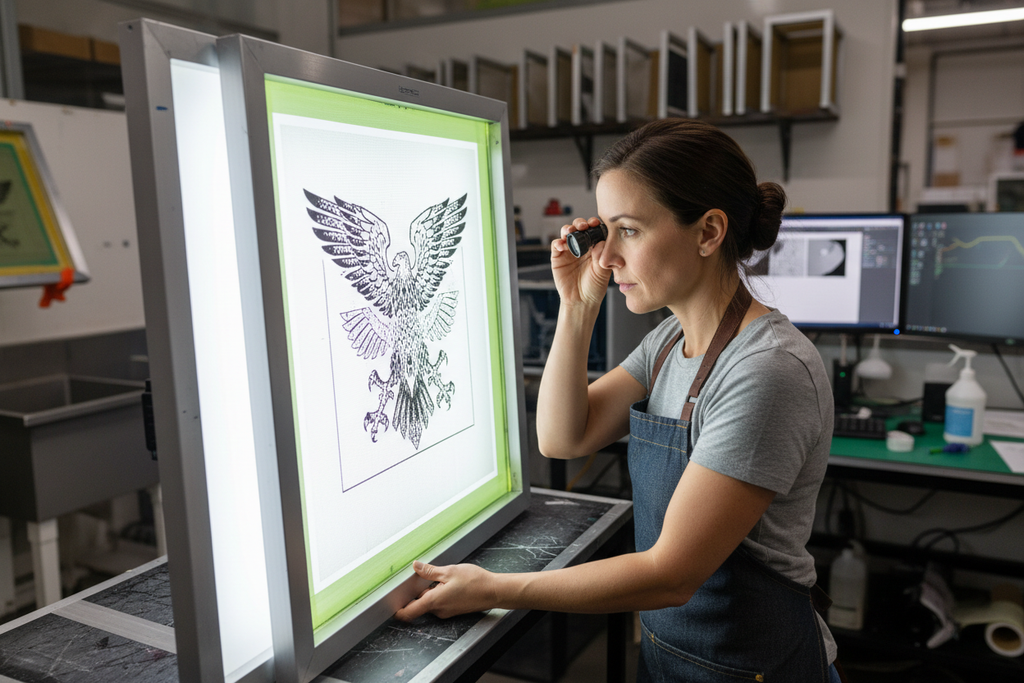 Prepress technician holding freshly washed-out screen to lightbox, examining stencil with loupe