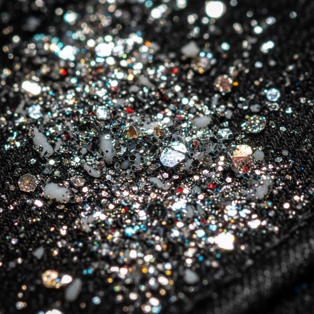 Macro of individual glitter chunks and metallic flakes in cured plastisol carrier, each reflecting light