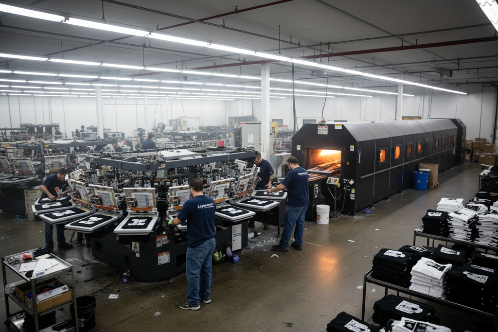 Press operators running a production order on an automatic carousel screen printing press inside a 30,000 sq ft facility with curing dryer in background