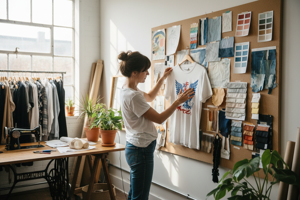 Stylist holding water-based printed tee against mood board in boutique creative studio