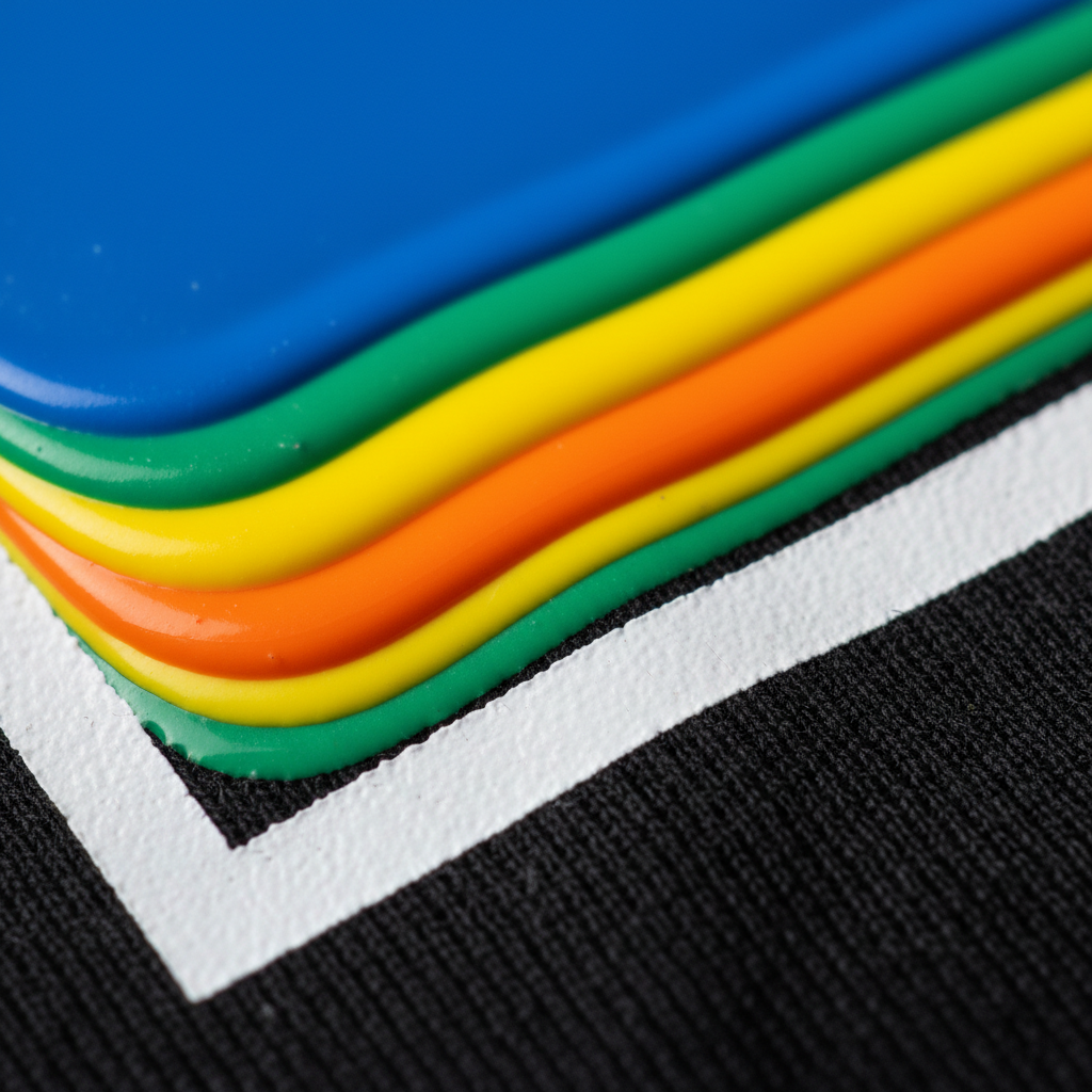 Macro close-up of multi-color ink stack on dark fabric showing underbase layer