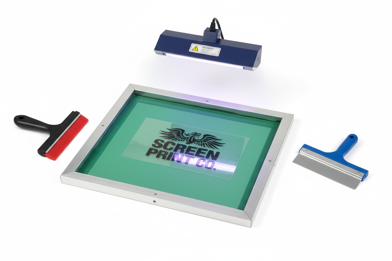 Coated aluminum screen frame with film positive, UV exposure lamp, squeegee, and emulsion scoop coater