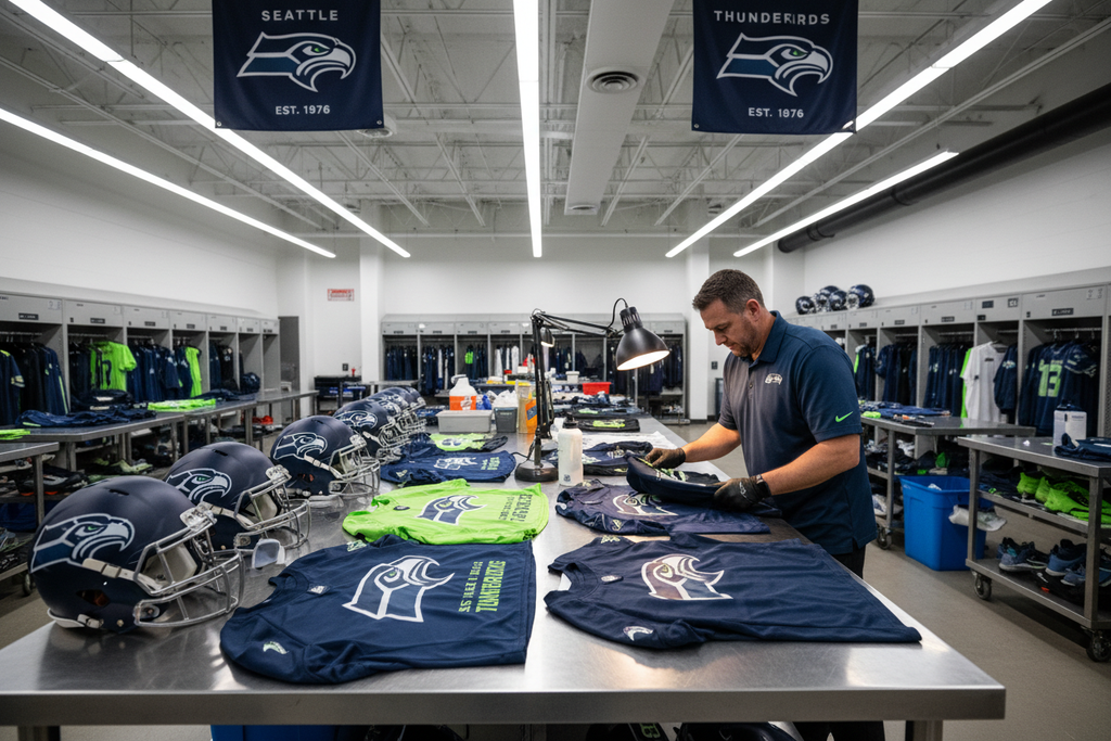 NFL equipment room with HSA-printed performance gear on prep table, staff reviewing print quality