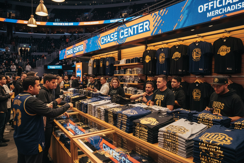 Foil-printed licensed tees at NBA arena concession stand, gold foil shimmering under arena lighting