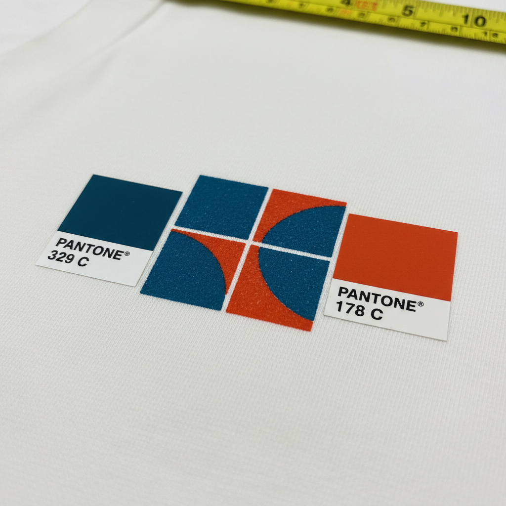 Strike-off proof with two spot colors and Pantone PMS swatch chips placed beside printed color areas