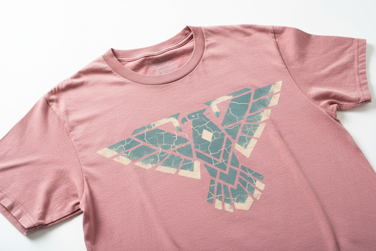 Pigment-dyed vintage tee with faded two-color water-based chest print absorbed into fabric weave